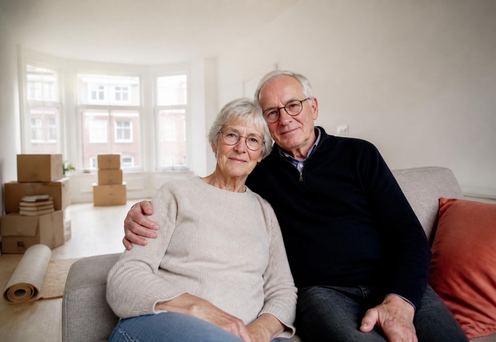 Ouder echtpaar in een lichte Nederlandse woning met verhuisdozen, klaar voor een passende volgende stap